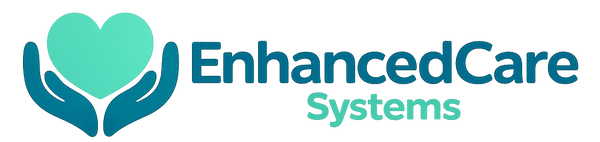 The logo for EnhancedCare Systems, featuring a teal heart held in two teal hands on the left, with the text 'EnhancedCare' in dark teal and 'Systems' in light teal on a solid white background.